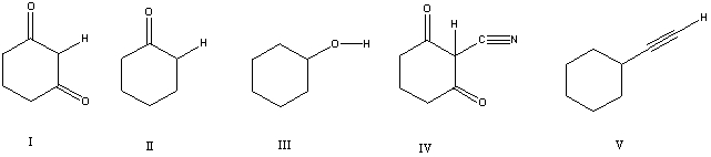 Considering only the highlighted hydrogens,list the following compounds in order of decreasing acidity:   A) I,II,III,IV,V B) II,V,III,I,IV C) IV,I,III,II,V D) IV,V,II,I,III E) V,IV,III,II,I