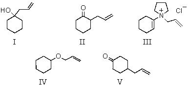 What product is finally formed when the initial compound formed from cyclohexanone and pyrrolidine is mixed with allyl chloride and that product is heated and then hydrolyzed?   A) I B) II C) III D) IV E) V
