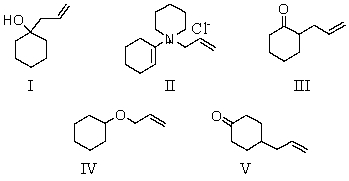 What product is finally formed when the initial compound formed from cyclohexanone and piperidine is mixed with allyl chloride and that product is heated and then hydrolyzed?   A) I B) II C) III D) IV E) V