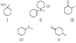 What product is finally formed when the initial compound formed from cyclohexanone and piperidine is mixed with methyl iodide and that product is heated and then hydrolyzed?   A) I B) II C) III D) IV E) V