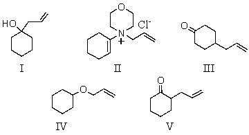 What product is finally formed when the initial compound formed from cyclohexanone and morpholine is mixed with allyl chloride and that product is heated and then hydrolyzed?   A) I B) II C) III D) IV E) V