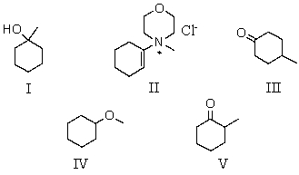 What product is finally formed when the initial compound formed from cyclohexanone and morpholine is mixed with methyl iodide and that product is heated and then hydrolyzed?   A) I B) II C) III D) IV E) V