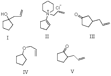 What product is finally formed when the initial compound formed from cyclopentanone and piperidine is mixed with allyl chloride and that product is heated and then hydrolyzed?   A) I B) II C) III D) IV E) V