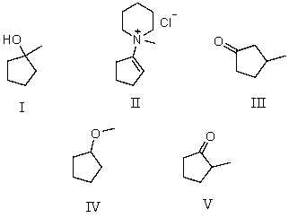 What product is finally formed when the initial compound formed from cyclopentanone and piperidine is mixed with methyl iodide and that product is heated and then hydrolyzed?   A) I B) II C) III D) IV E) V