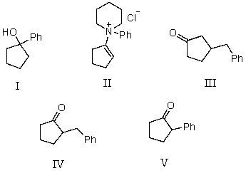 What product is finally formed when the initial compound formed from cyclopentanone and piperidine is mixed with benzyl chloride and that product is heated and then hydrolyzed?   A) I B) II C) III D) IV E) V