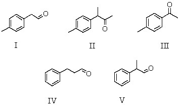  A compound,X,C<sub>9</sub>H<sub>10</sub>O,which reacts with I<sub>2</sub>/NaOH to give a pale yellow precipitate,gives the following <sup>1</sup>H NMR spectrum. Singlet, \delta 2.38 Singlet, \delta 2.54 Multiplet (centered) , \delta 7.50 Which is a possible structure for X?   A) I B) II C) III D) IV E) V 