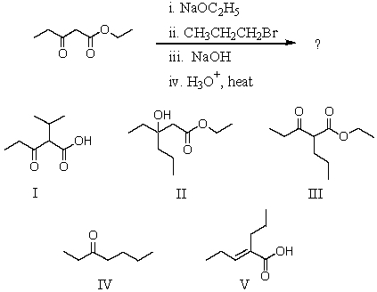 Predict the product of the following reaction sequence.   A) I B) II C) III D) IV E) V