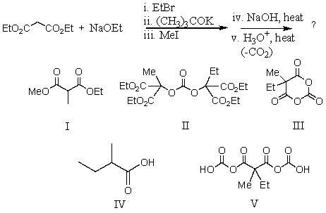 What is the product,L,of the following reaction sequence?   A) I B) II C) III D) IV E) V