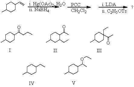 What would be the major product of the following reaction sequence?   A) I B) II C) III D) IV E) V