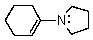  Which of the following statements is true of the enamine,   A) The enamine can be made from cyclohexanone + pyrrolidine. B) It has another resonance structure :   C) It can be acylated at the  \infty -carbon of the original carbonyl compound. D) It can be alkylated. E) All of these choices are true. 