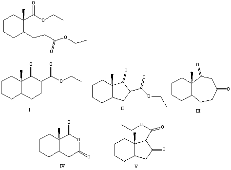 What is the product of the Dieckmann condensation of this diester,   A) I B) II C) III D) IV E) V