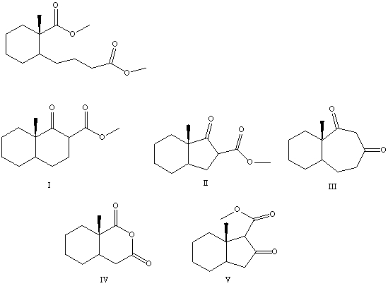 What is the product of the Dieckmann condensation of this diester,   A) I B) II C) III D) IV E) V