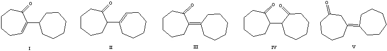 The aldol reaction of cycloheptanone produces which of these self-condensation products   A) I B) II C) III D) IV E) V