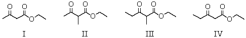 What product(s) result from the Claisen condensation carried out with an equimolar mixture of ethyl acetate and ethyl propanoate?   A) I B) II C) III D) IV E) All of these choices.
