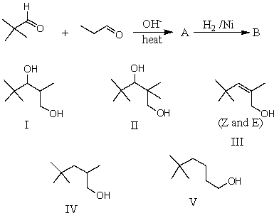 What would be the major product,B,of the following reaction sequence?   A) I B) II C) III D) IV E) V