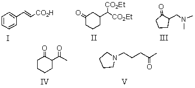 Which compound may be prepared using a Mannich reaction?   A) I B) II C) III D) IV E) V
