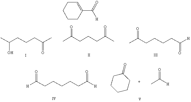 What starting compound(s) would you use in an aldol reaction to prepare as the major product:   A) I B) II C) III D) IV E) V