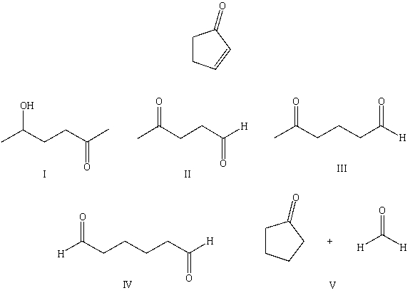 What starting compound(s) would you use in an aldol reaction to prepare as the major product:   A) I B) II C) III D) IV E) V