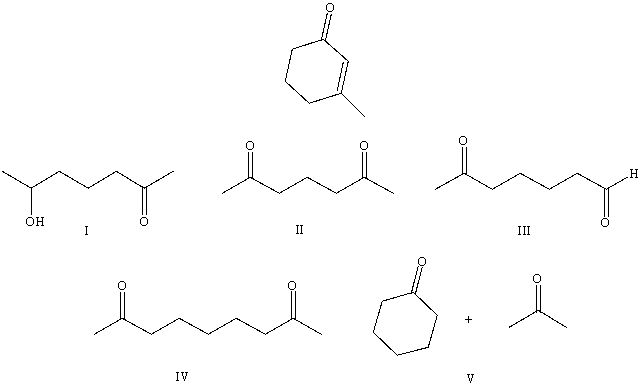 What starting compound(s) would you use in an aldol reaction to prepare as the major product:   A) I B) II C) III D) IV E) V