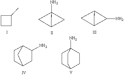 The correct structure of bicyclo[1.1.0]butan-2-amine is?   A) I B) II C) III D) IV E) V