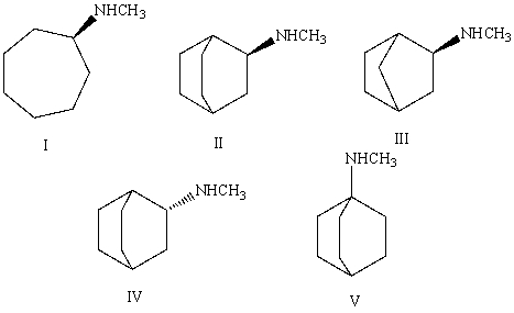 The correct structure of (S) -N-methylbicyclo[2.2.1]heptan-2-amine is?   A) I B) II C) III D) IV E) V