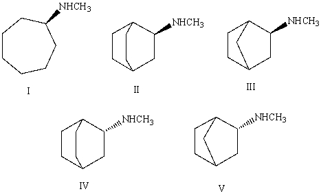 The correct structure of (R) -N-methylbicyclo[2.2.1]heptan-2-amine is?   A) I B) II C) III D) IV E) V