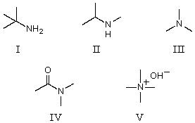 Which of the following compounds would be the strongest base?   A) I B) II C) III D) IV E) V
