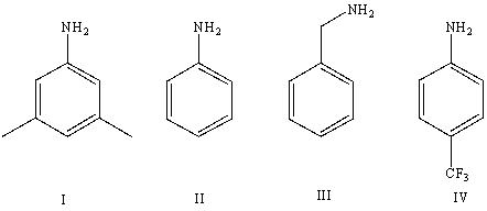 Arrange the following amines in order of increasing basicity (least to most) in aqueous solution:   A) IV < II < I < III B) III < II < IV < I C) III < I < II < IV D) II < III < I < IV E) Cannot be determined from information given