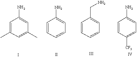 Arrange the following amines in order of decreasing basicity (most to least) in aqueous solution:   A) IV > II > I > III B) III > II > IV > I C) III > I > II > IV D) II > III > I > IV E) Cannot be determined from information given
