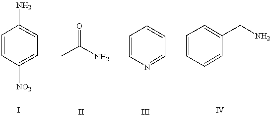 Arrange the following compounds in order of increasing basicity (least to most) in aqueous solution:   A) IV < II < I < III B) III < II < IV < I C) II < I < III < IV D) II < III < I < IV E) Cannot be determined from information given