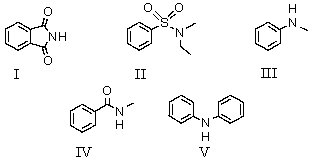 Which of these compounds is soluble in dilute sodium hydroxide solution?   A) I B) II C) III D) IV E) V