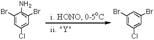 Consider the synthesis below.What is reagent  Y ?   A) Br<sub>2</sub>/FeBr<sub>3</sub> B) CuBr C) CuBr<sub>2</sub> D) H<sub>3</sub>PO<sub>2</sub>/H<sub>2</sub>O E) H<sub>3</sub>PO<sub>4</sub>