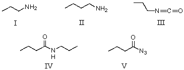 What is the final product in the Curtius rearrangement of the acyl azide formed from butanoyl chloride?   A) I B) II C) III D) IV E) V