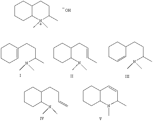 What is the chief product of the Hofmann elimination reaction applied to the compound shown?   A) I B) II C) III D) IV E) V