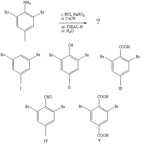 What is the product of the following reaction sequence:   A) I B) II C) III D) IV E) V
