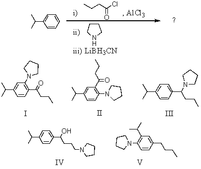 What would be the product of the following reaction sequence?   A) I B) II C) III D) IV E) V
