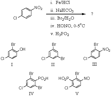 What final product is expected from the following reaction sequence?   A) I B) II C) III D) IV E) V