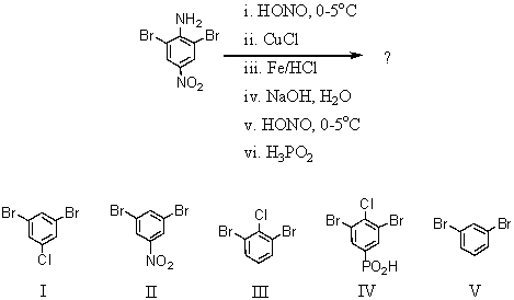 What compound is likely to be obtained via the following reaction sequence?   A) I B) II C) III D) IV E) V