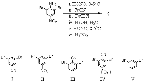 What compound is likely to be obtained via the following reaction sequence?   A) I B) II C) III D) IV E) V