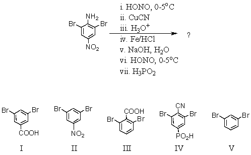 What compound is likely to be obtained via the following reaction sequence?   A) I B) II C) III D) IV E) V