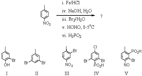 What would be the product of the following reaction sequence?   A) I B) II C) III D) IV E) V