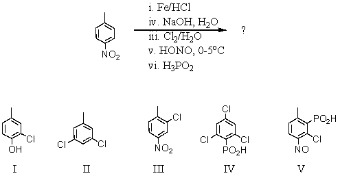 What would be the product of the following reaction sequence?   A) I B) II C) III D) IV E) V