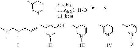 What would be the product of the following reaction sequence?   A) I B) II C) III D) IV E) V