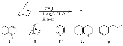 What would be the product of the following reaction sequence?   A) I B) II C) III D) IV E) V