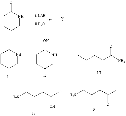What is the final product from the following reaction sequence:   A) I B) II C) III D) IV E) V