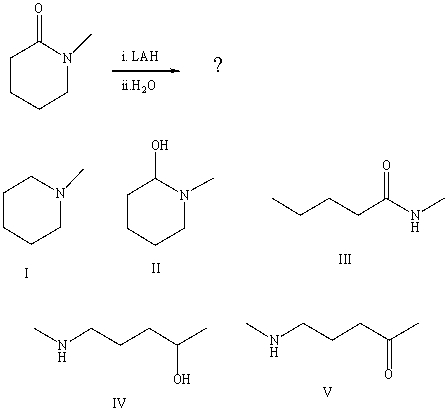What is the final product from the following reaction sequence:   A) I B) II C) III D) IV E) V