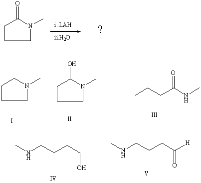 What is the final product from the following reaction sequence:   A) I B) II C) III D) IV E) V