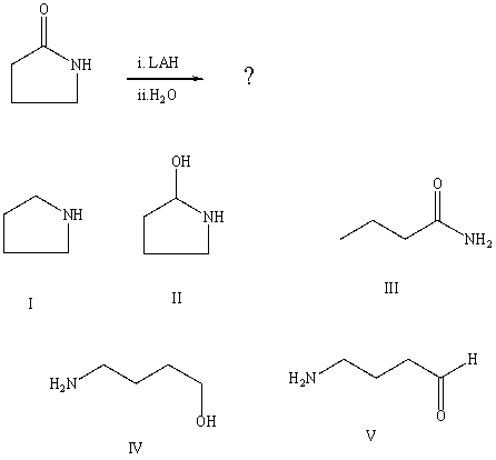 What is the final product from the following reaction sequence:   A) I B) II C) III D) IV E) V