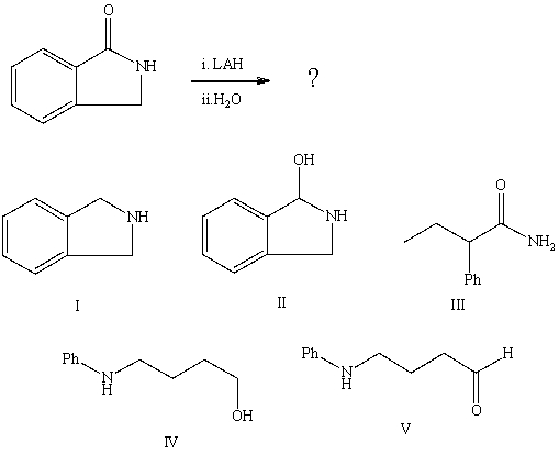 What is the final product from the following reaction sequence:   A) I B) II C) III D) IV E) V