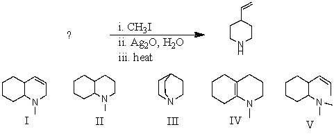 What would be the reactant in the following reaction sequence?   A) I B) II C) III D) IV E) V